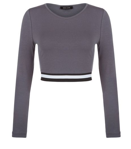 Dark Grey Elasticated Hem Long Sleeve Crop Top | New Look