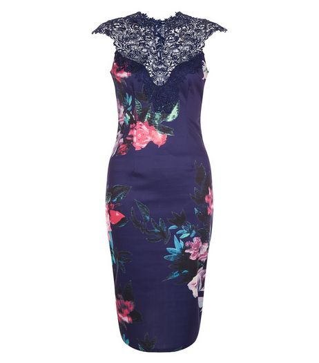 AX Paris Navy Floral Print Lace Trim Midi Dress | New Look