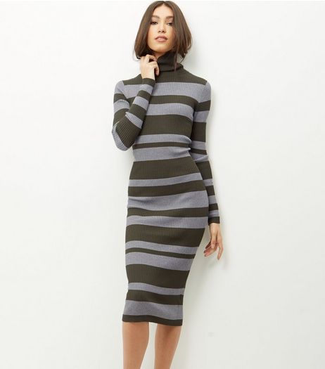 Blue Vanilla Green Stripe Turtle Neck Dress | New Look