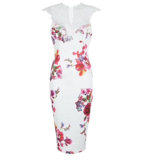 AX Paris Cream Floral Print Lace Trim Midi Dress | New Look