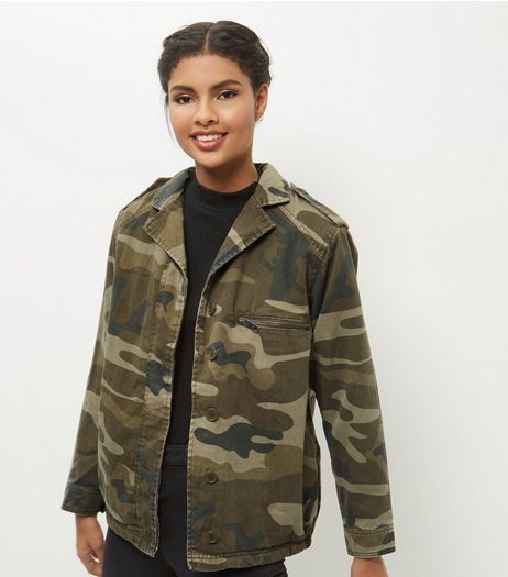 Green Cotton Borg Lined Camo Print Shacket | New Look