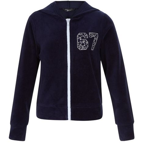 Girls Navy 67 Velour Zip Up Hoodie | New Look