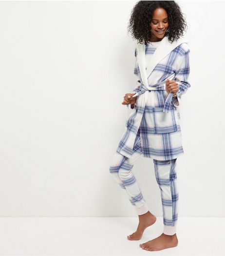 White Check Borg Trim Hooded Dressing Gown | New Look