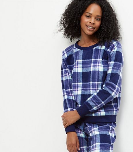 Blue Check Long Sleeve Pyjama Sweater | New Look