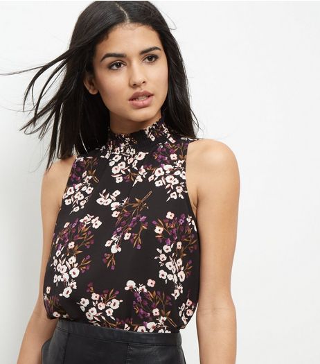 Black Floral Funnel Neck Print Sleeveless Shirt | New Look