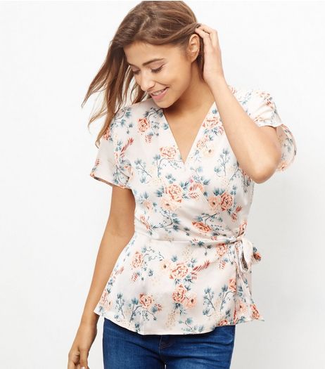 Pink Floral Print Tie Side Wrap Front Top | New Look