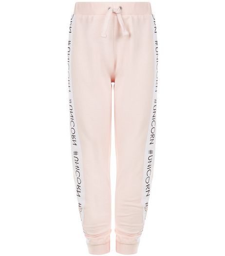 Girls Mid Pink #Unicorn Tape Side Joggers | New Look