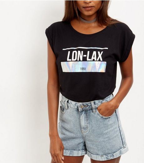 Black LDN LAX Holographic Panel Roll Sleeve T-Shirt | New Look