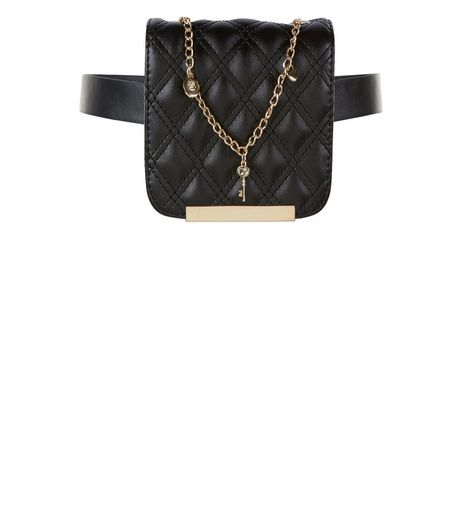 Black Quilted Charm Chain Purse Belt | New Look