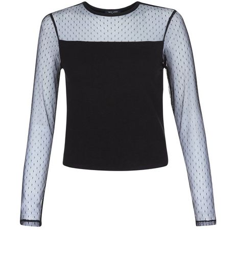 Teens Black Mesh Spot Print Panel Top | New Look