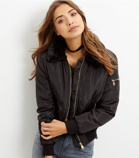 Parisian Black Faux Fur Collar Bomber Jacket | New Look