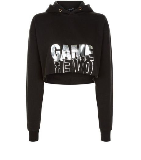 Teens Black Game Over Crop Hoodie | New Look