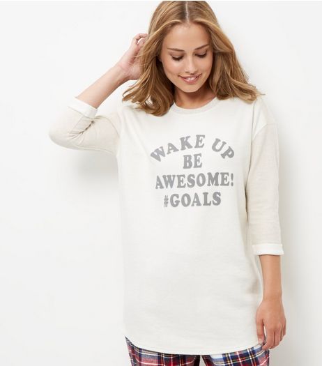 Cream Wake Up Be Awesome Pyjama Top | New Look