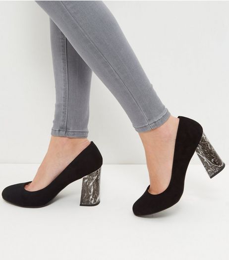 Wide Fit Black Suedette Marble Flared Heels | New Look