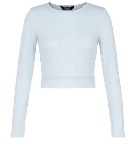 Teens Pale Blue Lace Hem Long Sleeve Top | New Look