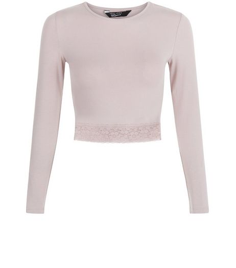 Teens Mid Pink Lace Hem Long Sleeve Crop Top | New Look