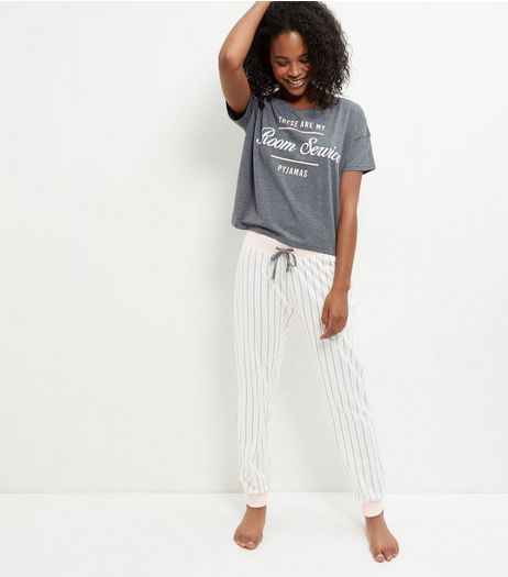 Pink Room Service Slogan Stripe Pyjama Set | New Look