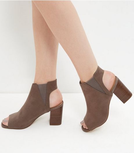 Light Brown Suedette Peep Toe Block Heel Ankle Boots | New Look