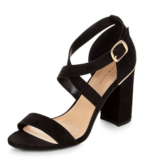 Black Suedette Cross Strap Metal Trim Block Heels | New Look