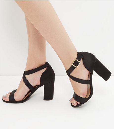 Black Sateen Cross Strap Block Heeled Sandals | New Look