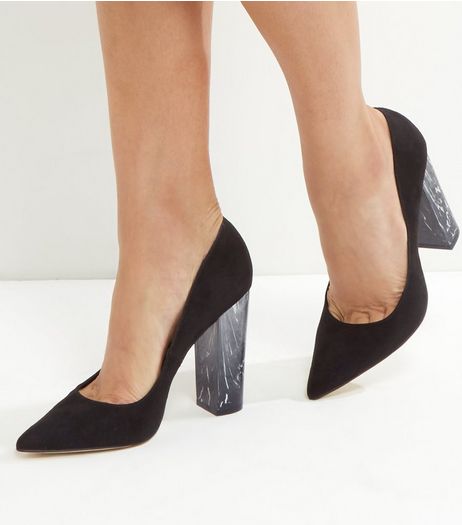 Black Suedette Marble Block Heels | New Look