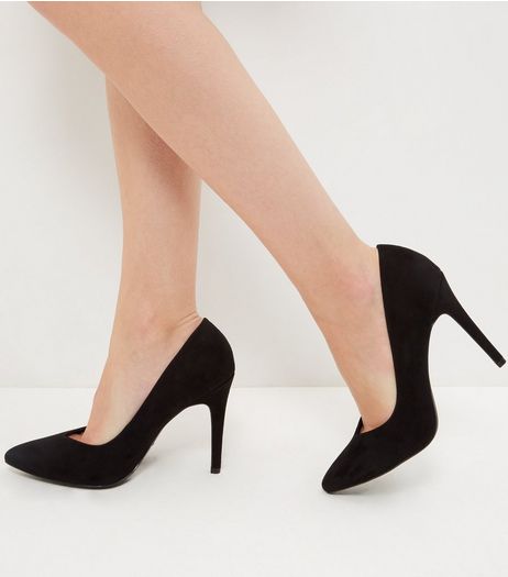 Wide Fit Black Suedette V Throat Pointed Heels | New Look
