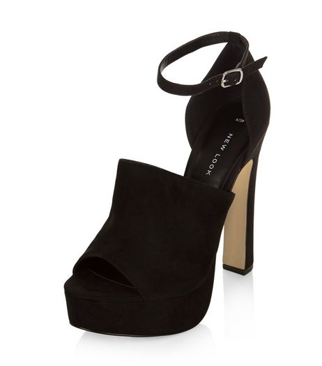 Black Suedette Peep Toe Ankle Strap Platform Heels | New Look