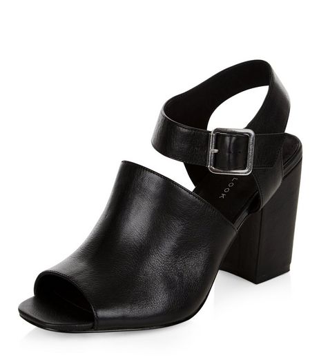 Black Leather Cut Out Peep Toe Heeled Sandals | New Look