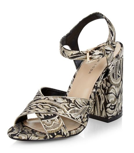 Black Floral Print Brocade Heeled Sandals | New Look