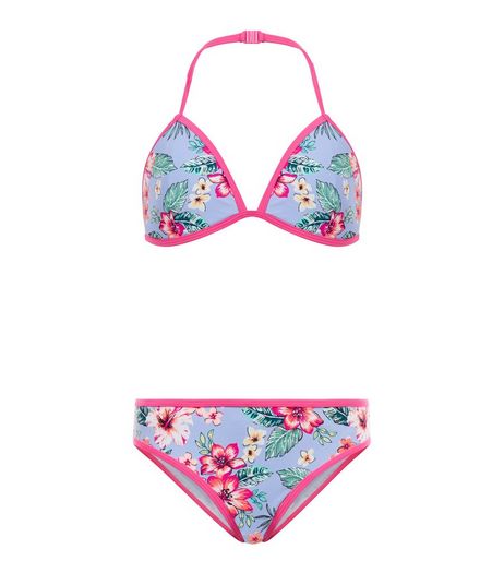 Teens Blue Tropical Print Contrast Trim Bikini Set | New Look