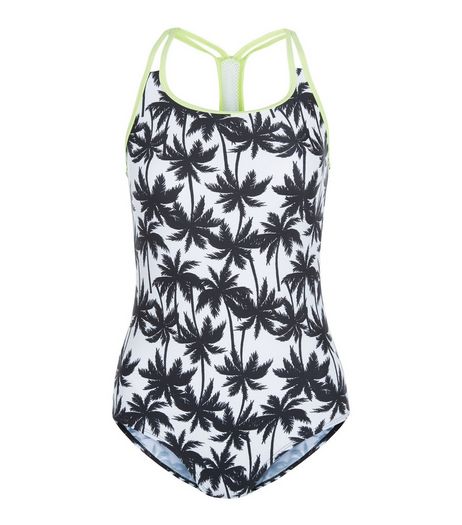 Teens Black Palm Tree Print Mesh Panel Swimsuit | New Look