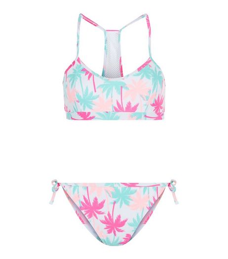Teens Pink Palm Tree Print Mesh Panel Bikini Set | New Look