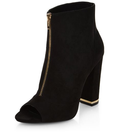Black Suedette Zip Front Peep Toe Block Heels | New Look