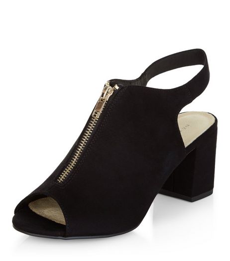 Black Comfort Zip Front Peep Toe Block Heels | New Look