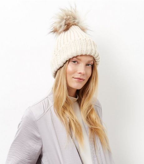 Cream Faux Fur Pom Pom Hat | New Look