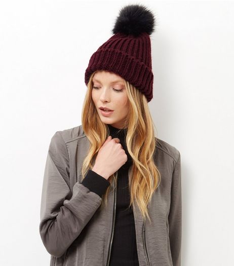 Burgundy Faux Fur Pom Pom Hat | New Look