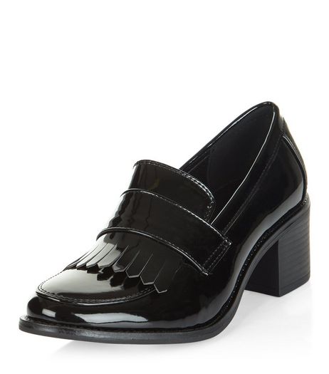 Teens Black Patent Block Heel Loafers | New Look