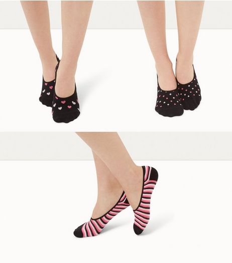 3 Pack Black Stripe, Star and Heart Print Socks | New Look