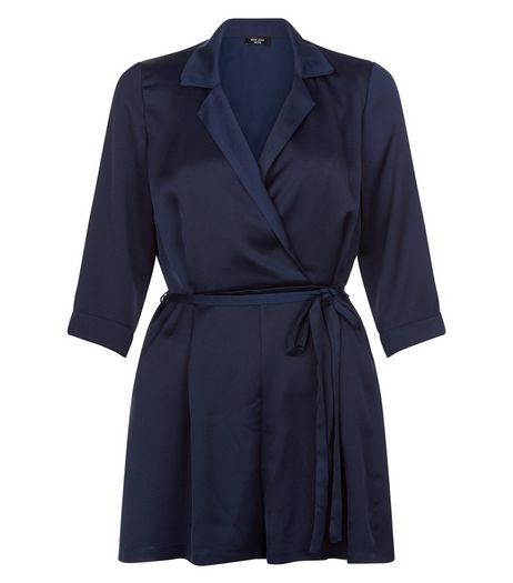 Petite Navy Satin Tux Playsuit | New Look