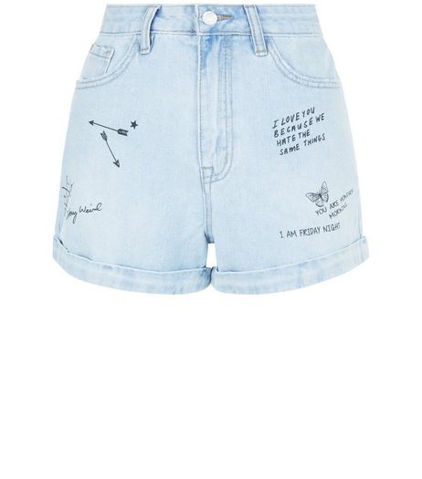 Pale Blue Denim Graffiti Print Turn Up Mom Shorts | New Look