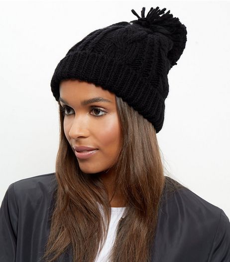 Black Cable Knit Bobble Beanie Hat | New Look