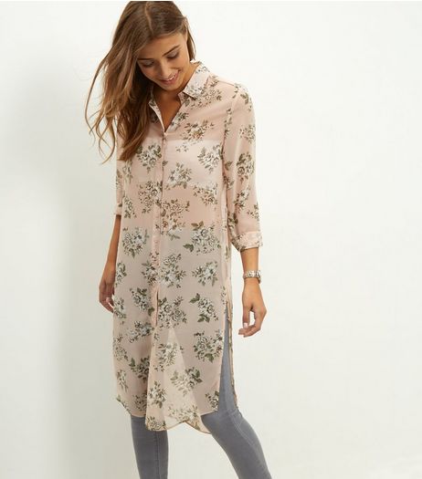Tall Pink Floral Print Chiffon Longline Shirt | New Look