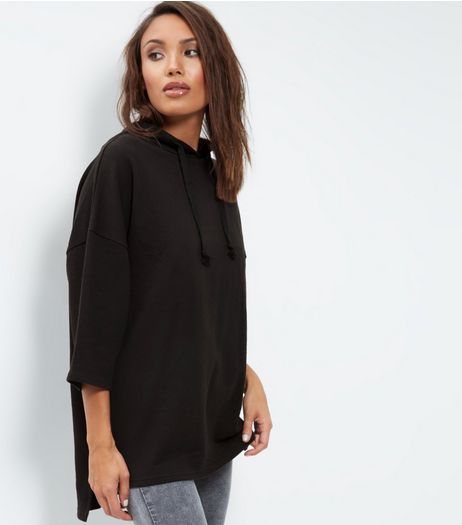 Black Cotton 3/4 Sleeve Oversized Hoodie | New Look