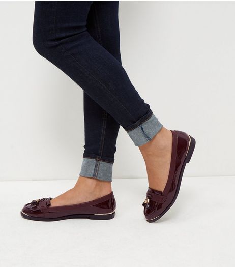 Burgundy Patent Metal Trim Loafers | New Look