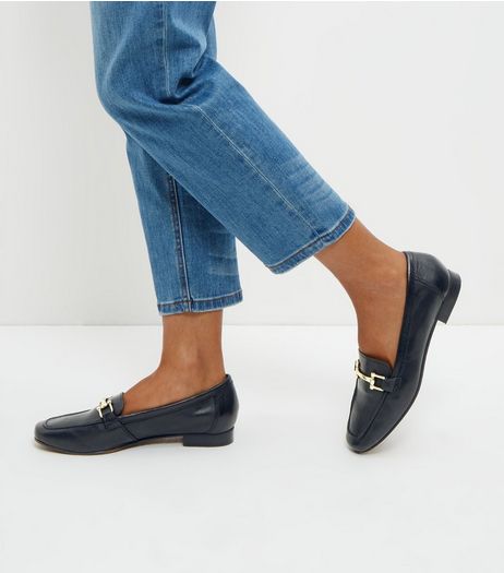 Black Leather Metal Trim Loafers | New Look