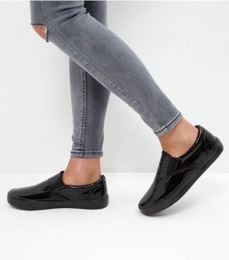 Black Croc Textured Slip On Plimsolls | New Look