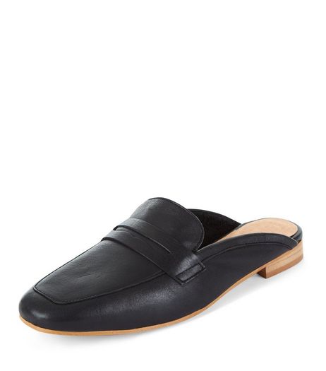 Black Premium Leather Loafer Mules | New Look
