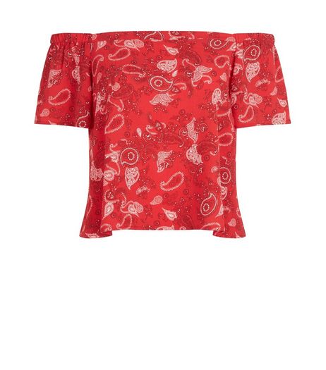 Petite Red Paisley Print Bardot Neck Top | New Look