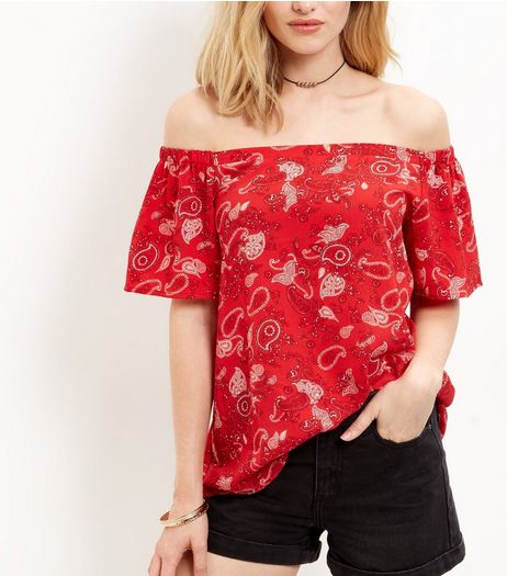 Tall Red Paisley Print Bardot Neck Top | New Look