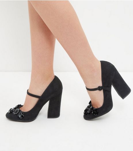 Black Floral Embellished Court Shoes | New Look